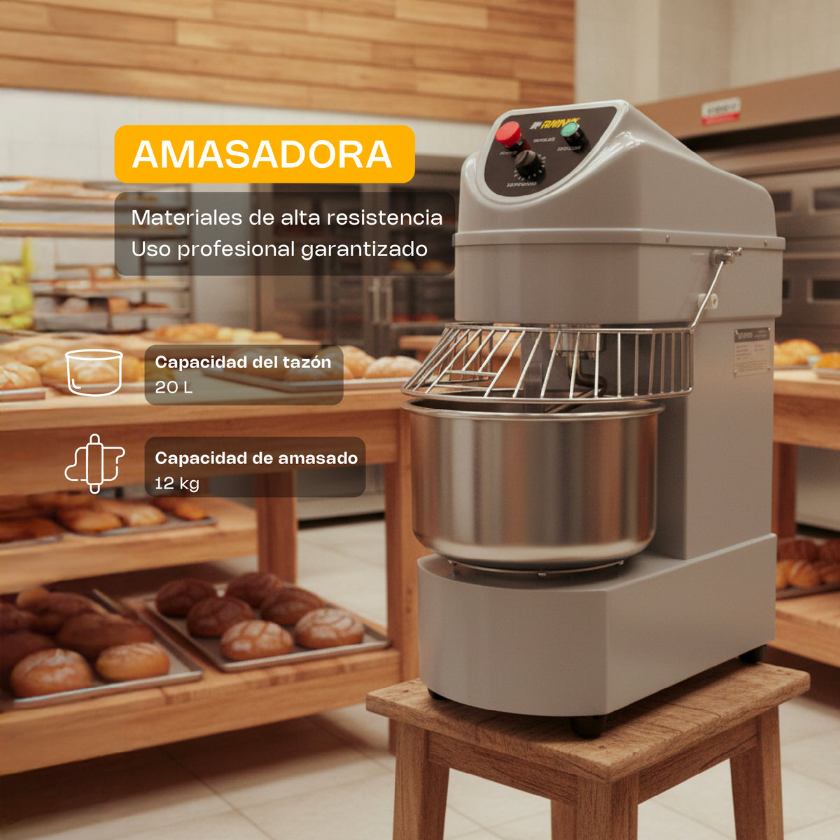 Amasadora | Tazón Y Gancho De Acero Inoxidable / Cuerpo Metálico | Formato De Piso | 20 L | Uso Comercial | AMASA-20 | RHINO