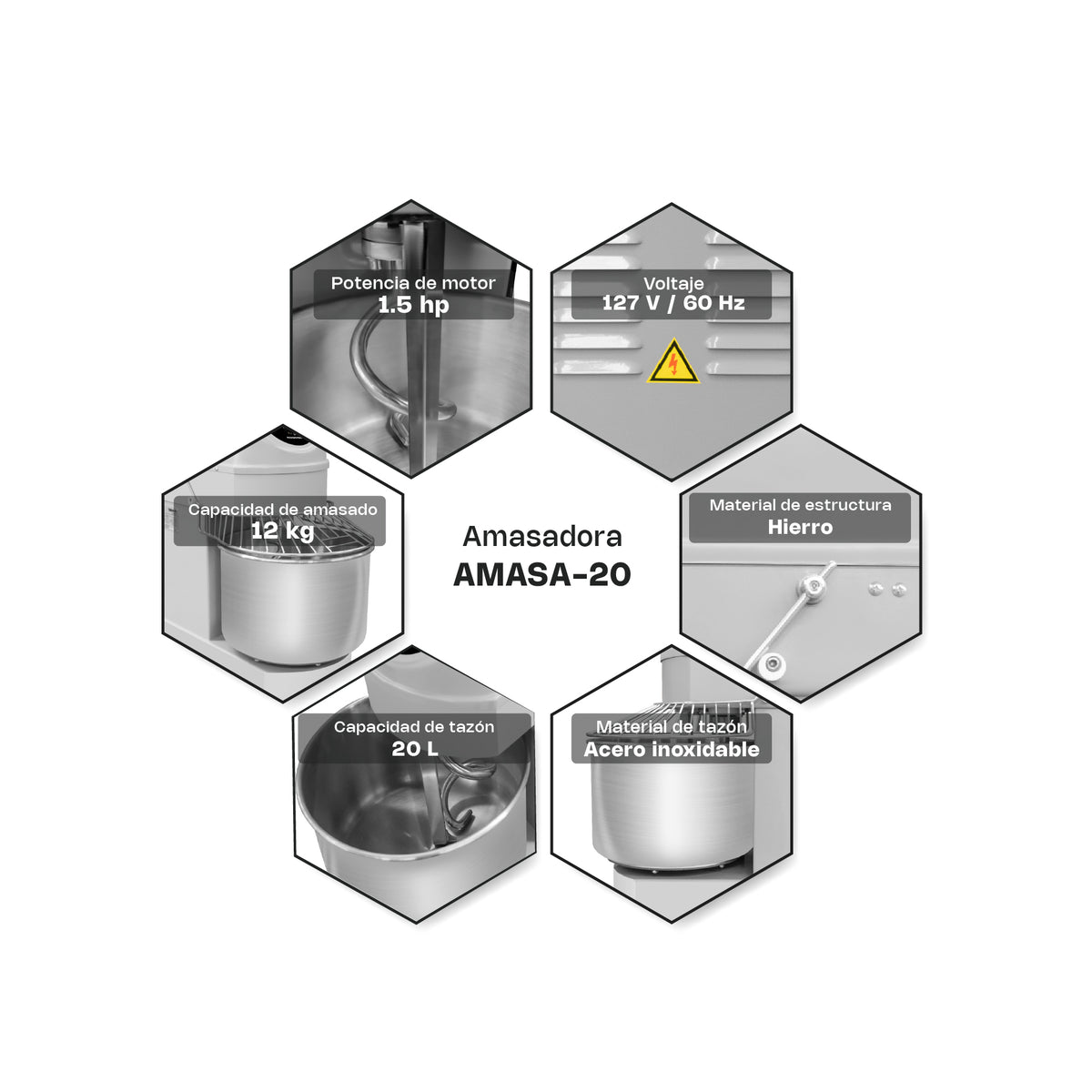 Amasadora | Tazón Y Gancho De Acero Inoxidable / Cuerpo Metálico | Formato De Piso | 20 L | Uso Comercial | AMASA-20 | RHINO