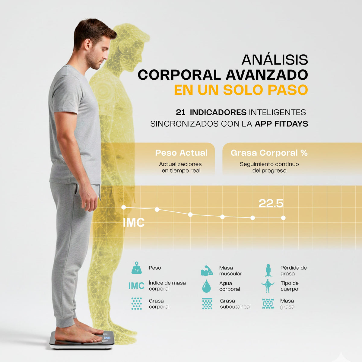 Báscula Inteligente Corporal | Plataforma De Vidrio Templado | Formato Corporal | 180 Kg / División 100 G | Uso Comercial | BABAIN-180NG | RHINO