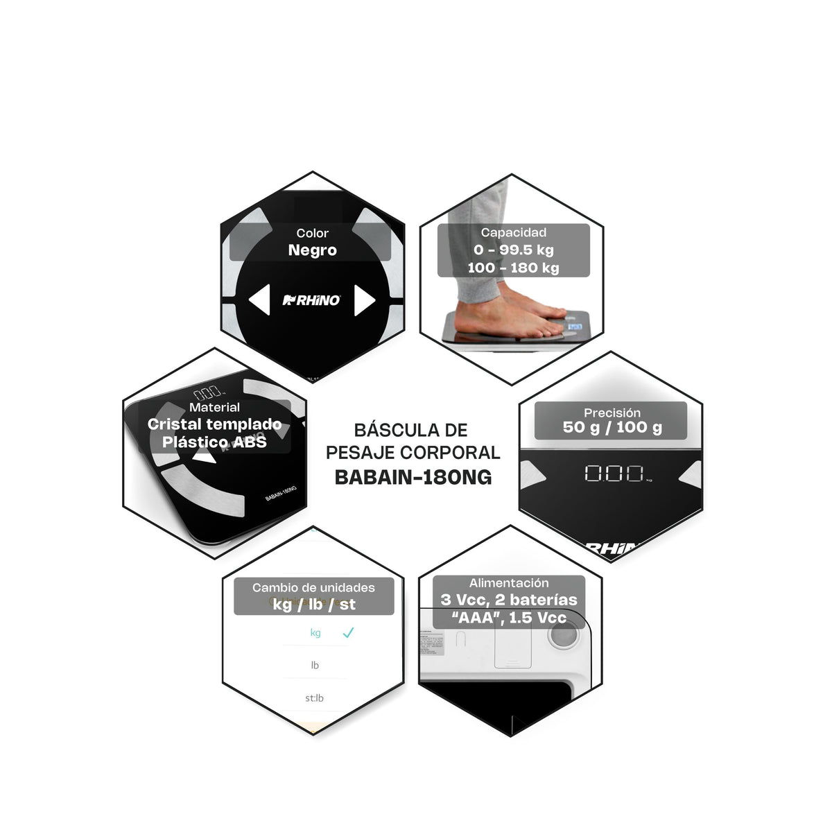 Báscula Inteligente Corporal | Plataforma De Vidrio Templado | Formato Corporal | 180 Kg / División 100 G | Uso Comercial | BABAIN-180NG | RHINO