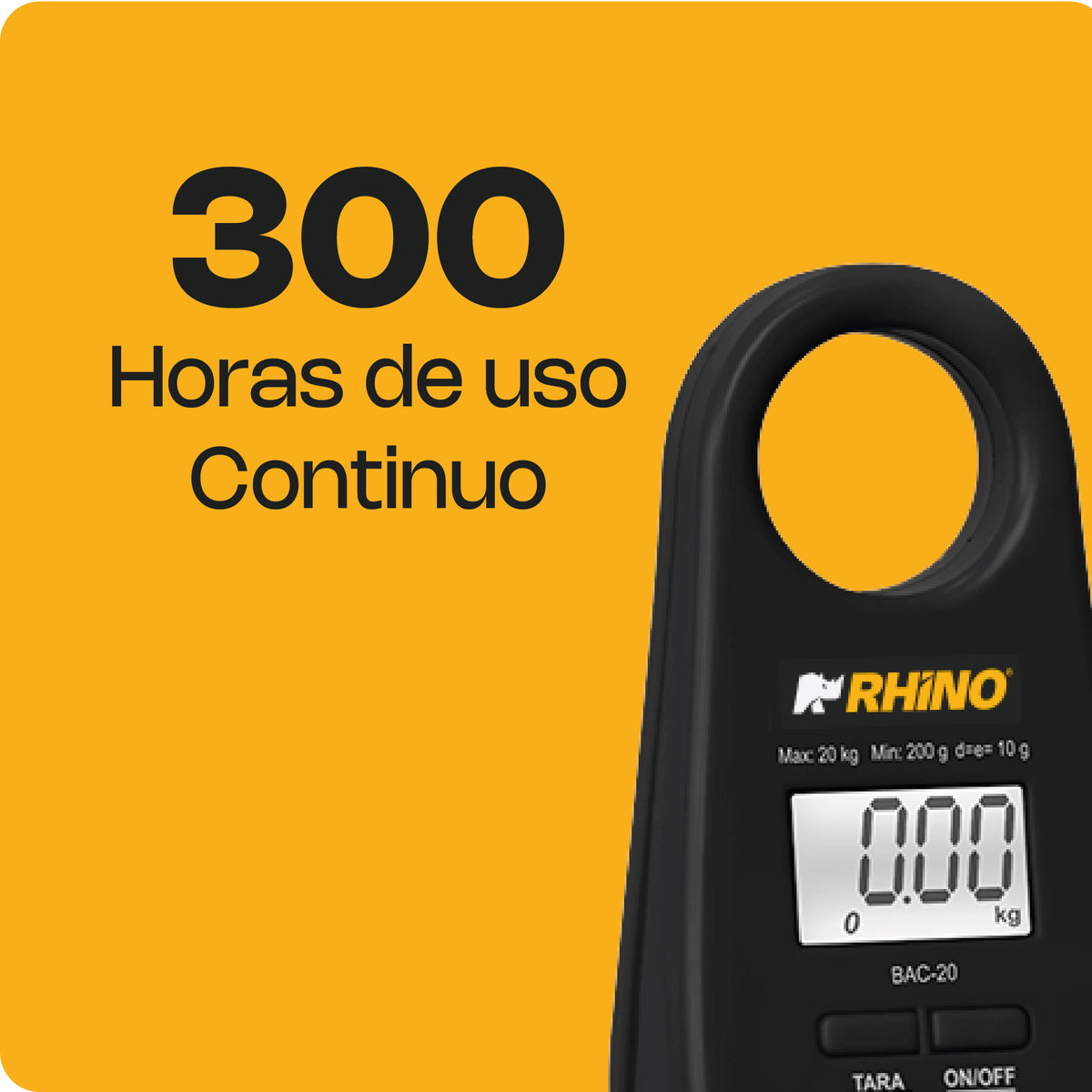 Báscula Colgante | Gancho Metálico / Carcasa Plástica | Formato Colgante Portátil | 20 Kg / División 10 G | Uso Comercial | BAC-20 | RHINO