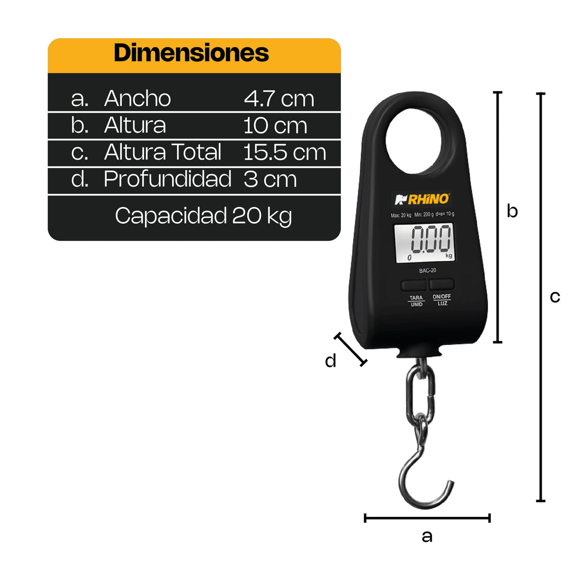 Báscula Colgante | Gancho Metálico / Carcasa Plástica | Formato Colgante Portátil | 20 Kg / División 10 G | Uso Comercial | BAC-20 | RHINO