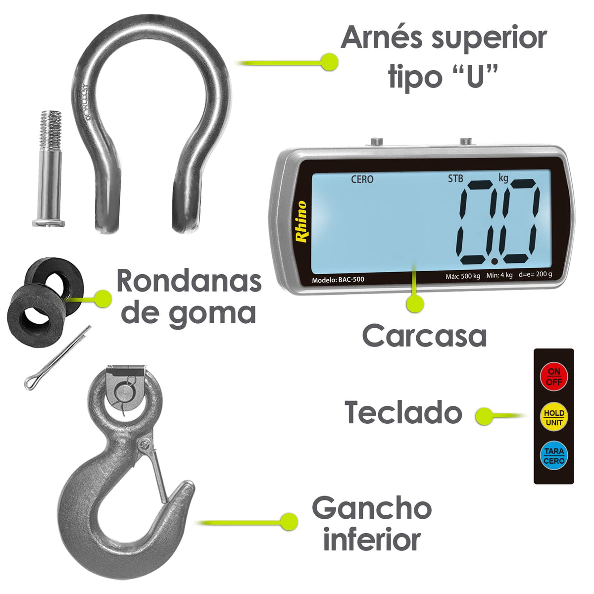Báscula colgante 500 kg / 200 g | Rhino | Bac-500