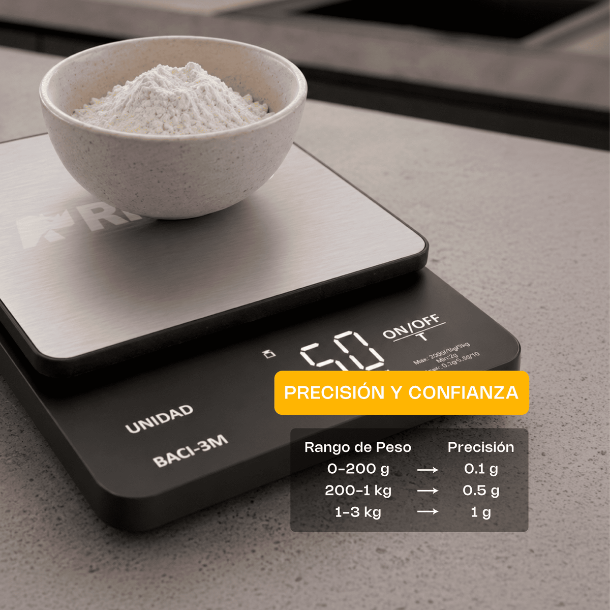 Báscula | Plato De Acero Inoxidable / Carcasa Plástica | Plato De Precisión | 3 Kg / División 0.01 G | Uso Comercial | BACI-3M | RHINO