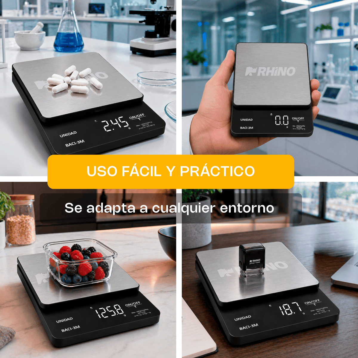 Báscula | Plato De Acero Inoxidable / Carcasa Plástica | Plato De Precisión | 3 Kg / División 0.01 G | Uso Comercial | BACI-3M | RHINO