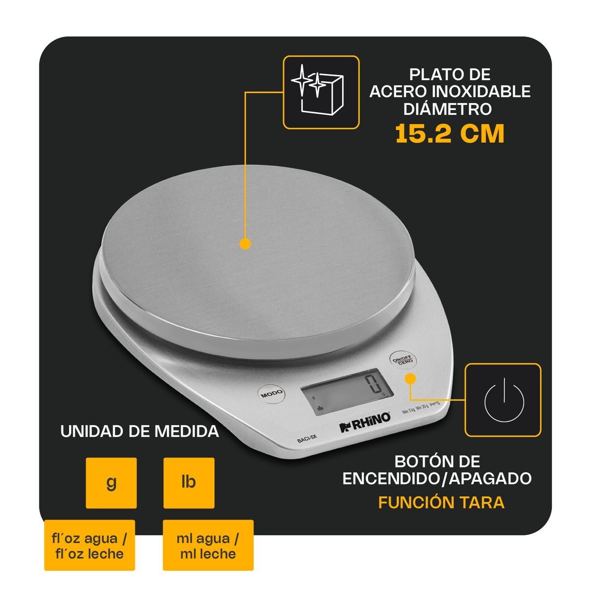 Báscula de cocina 5 kg / 1 g | Rhino | Baci-5x