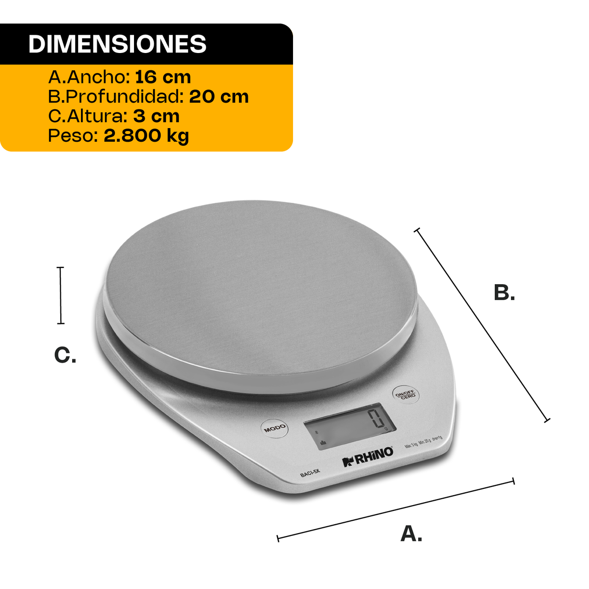 Báscula de cocina 5 kg / 1 g | Rhino | Baci-5x