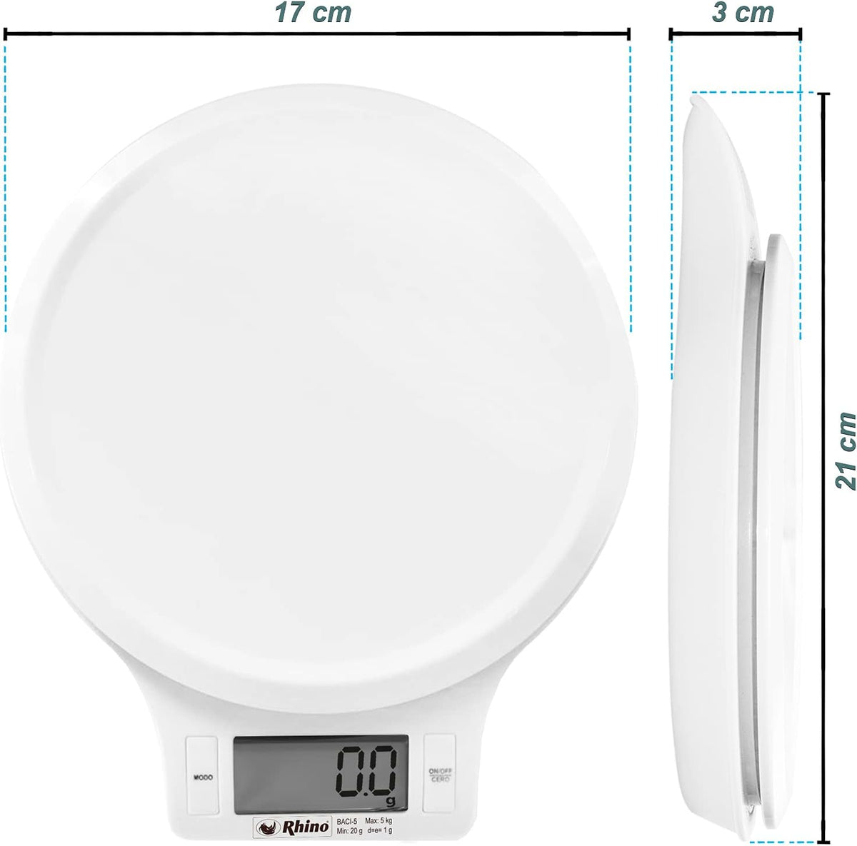 Báscula Circular | Plato De Acero Inoxidable / Carcasa Plástica | Plato Circular | 5 Kg / División 2 G | Uso Comercial | BACI-5 | RHINO