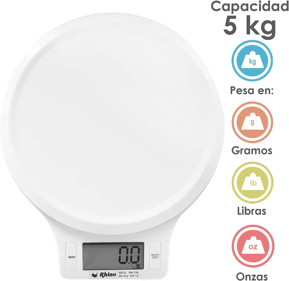 Báscula Circular | Plato De Acero Inoxidable / Carcasa Plástica | Plato Circular | 5 Kg / División 2 G | Uso Comercial | BACI-5 | RHINO