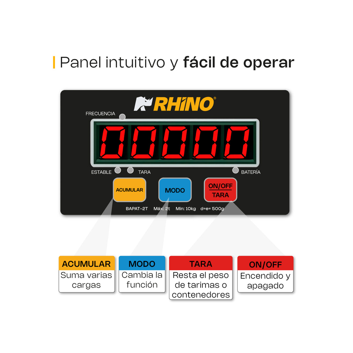 Báscula de patín, 2 T / 500 g, pantalla LED | Rhino | Bapat-2t