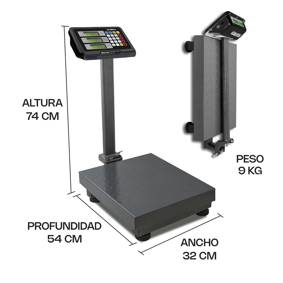 Báscula Plataforma | Plataforma De Acero Al Carbono / Indicador De Acero Inoxidable | Plataforma 32 X 42 Cm | 100 Kg / División 10 G | Uso Comercial | BAPCA-100 | RHINO