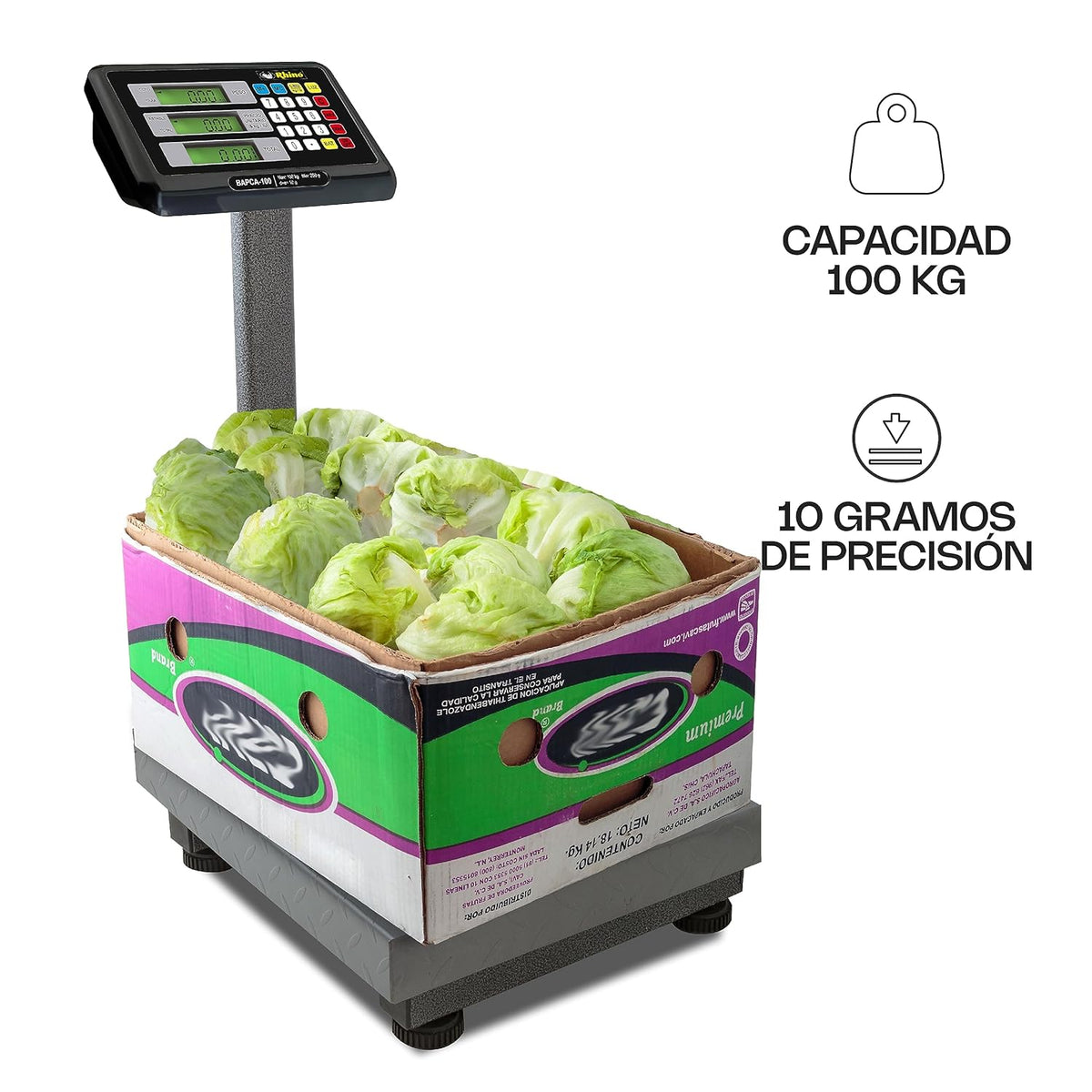 Báscula Plataforma | Plataforma De Acero Al Carbono / Indicador De Acero Inoxidable | Plataforma 32 X 42 Cm | 100 Kg / División 10 G | Uso Comercial | BAPCA-100 | RHINO