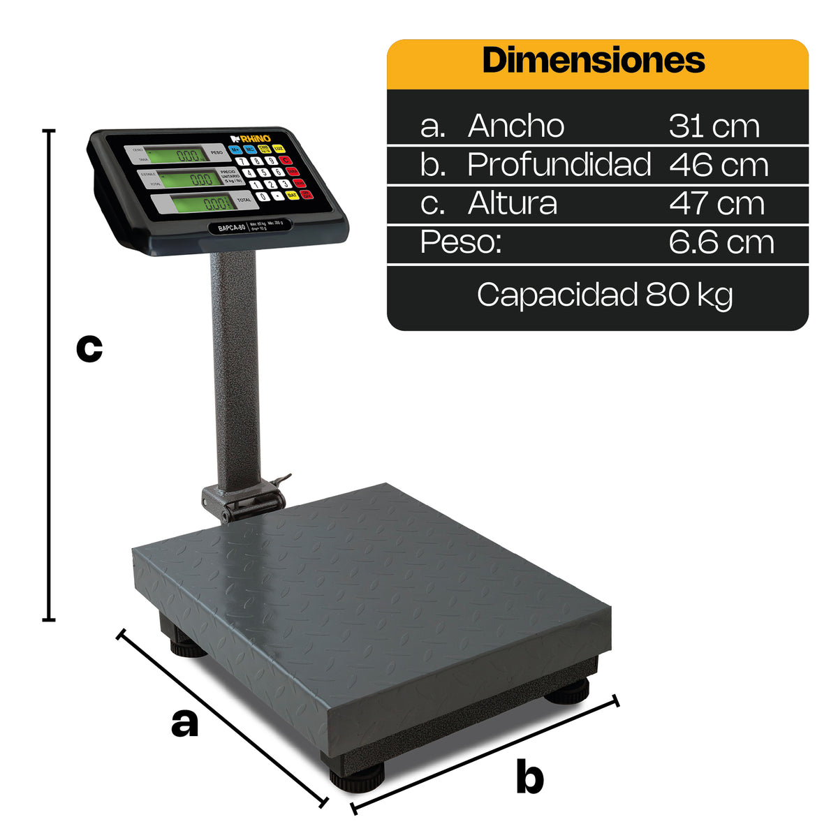 Báscula Plataforma | Plataforma De Acero Al Carbono | Plataforma Plegable | 80 Kg / División 10 G | Uso Comercial | BAPCA-80 | RHINO