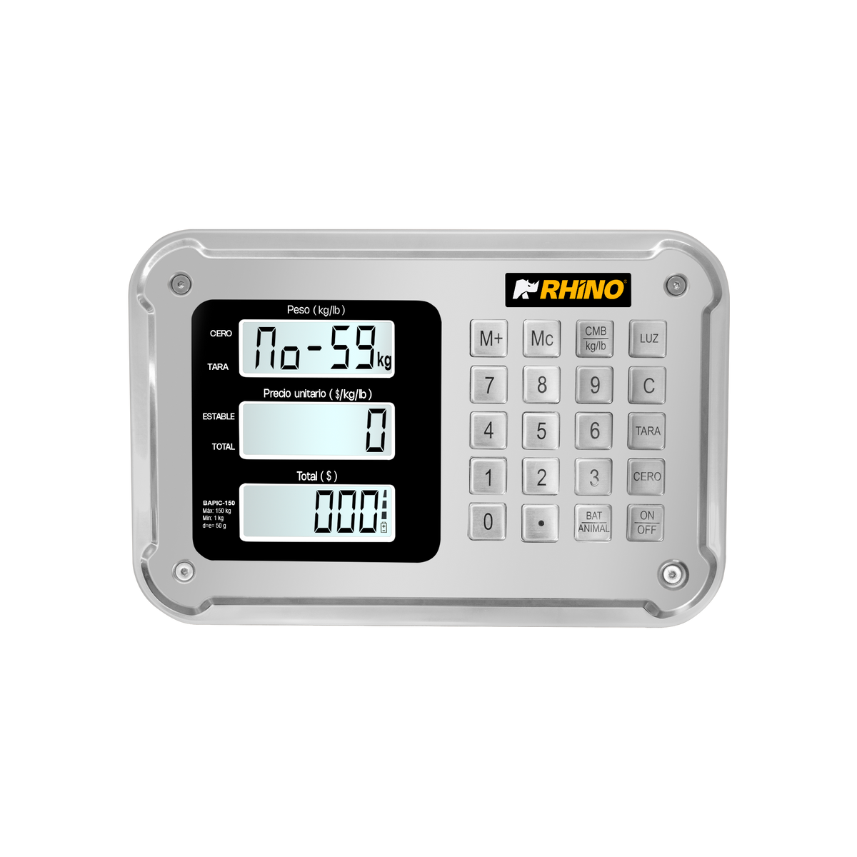 150 kg / 50 g, báscula de plataforma inalámbrica, plataforma de acero al carbono | Rhino | Bapic-150