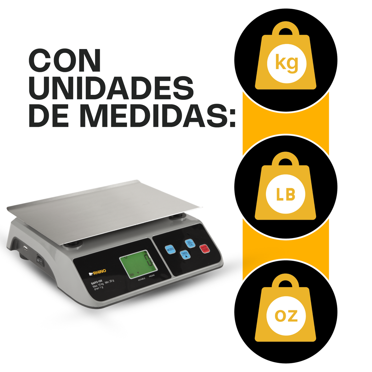 Báscula electrónica 10 kg / 1 g, con puerto USB | Rhino | Bapo-10x