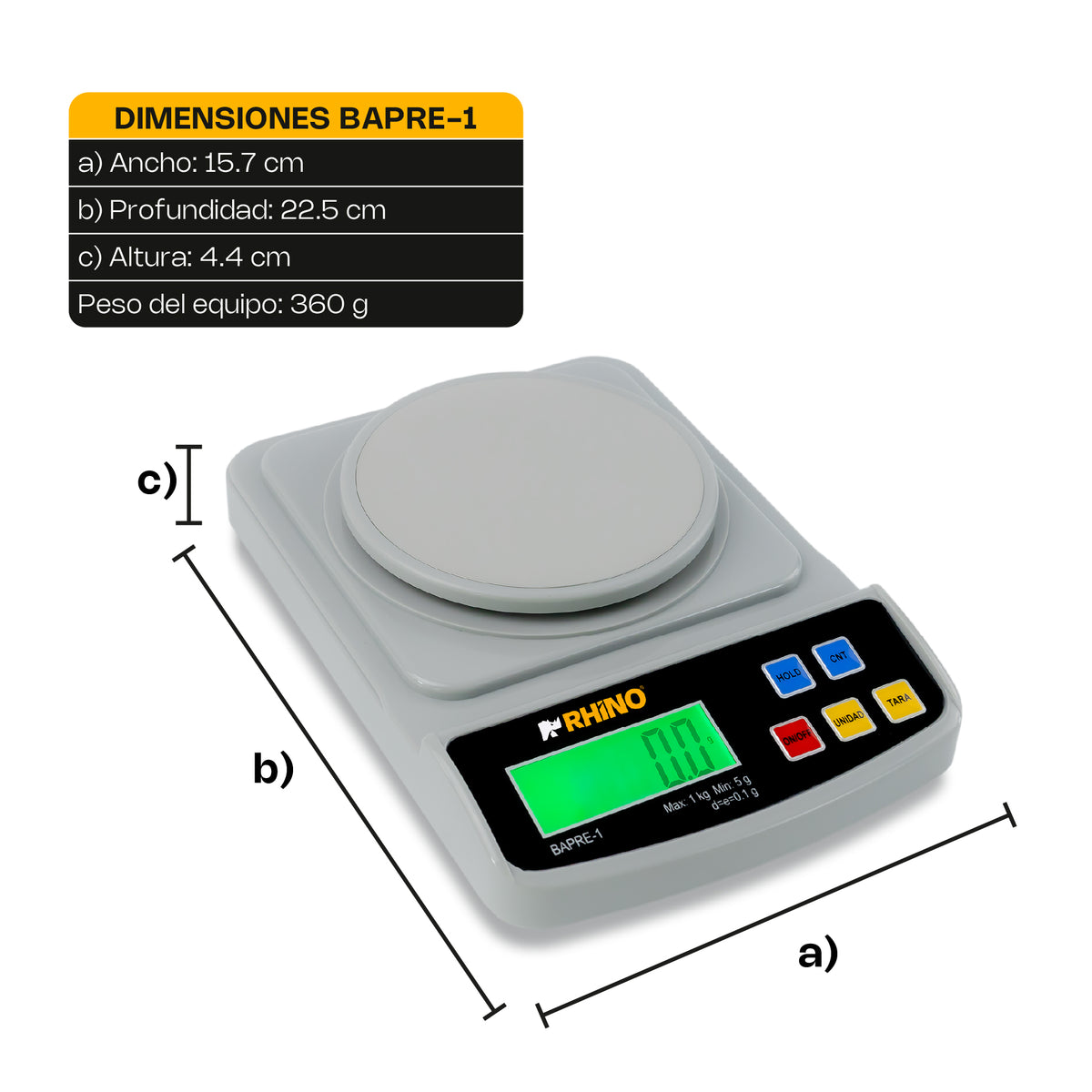 Báscula electrónica de precisión 1 kg / 0.1 g | Rhino | Bapre-1
