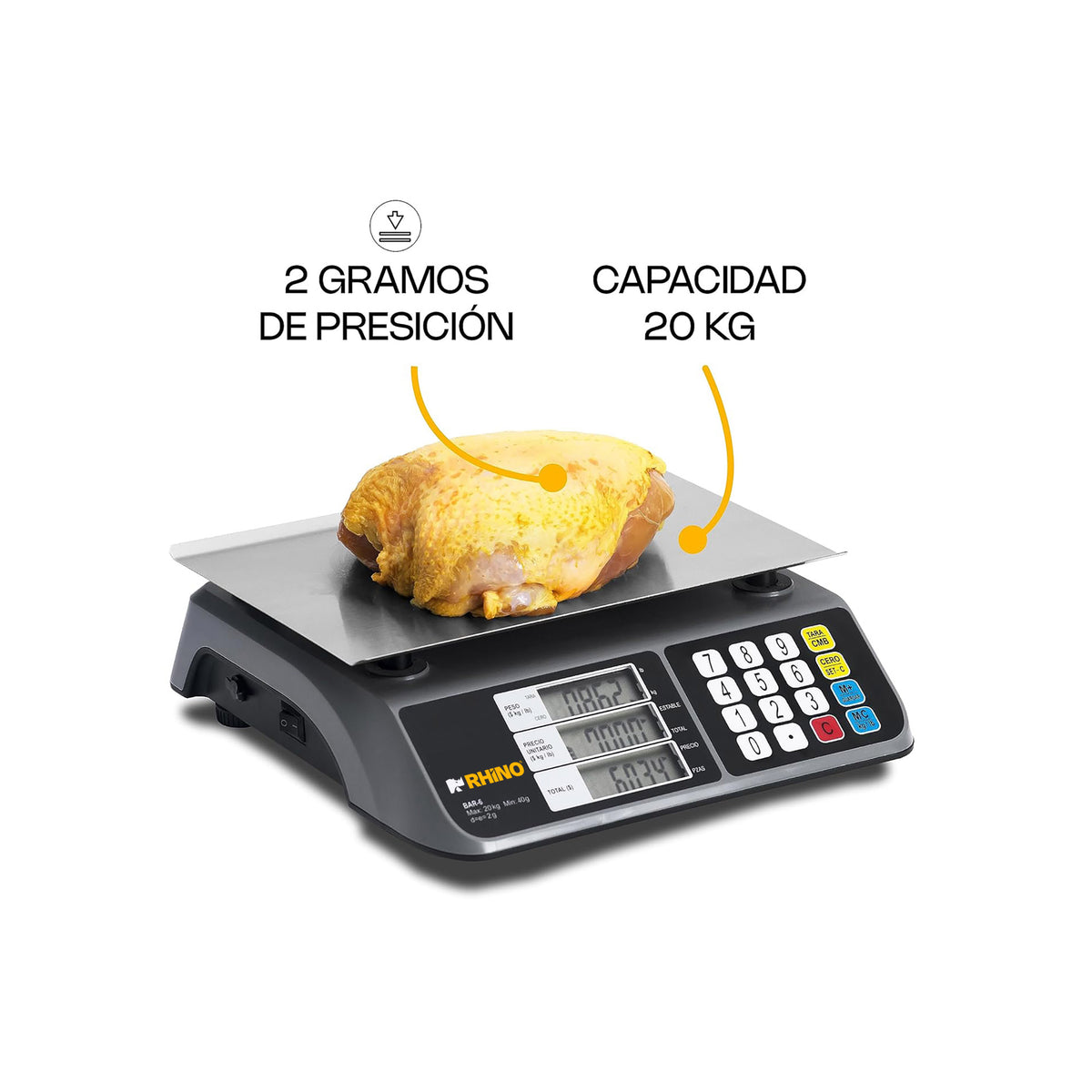 Báscula Peso-Precio | Plato De Acero Inoxidable | Plato Rectangular | 20 Kg / División 2 G | Uso Comercial | BAR-6 | RHINO
