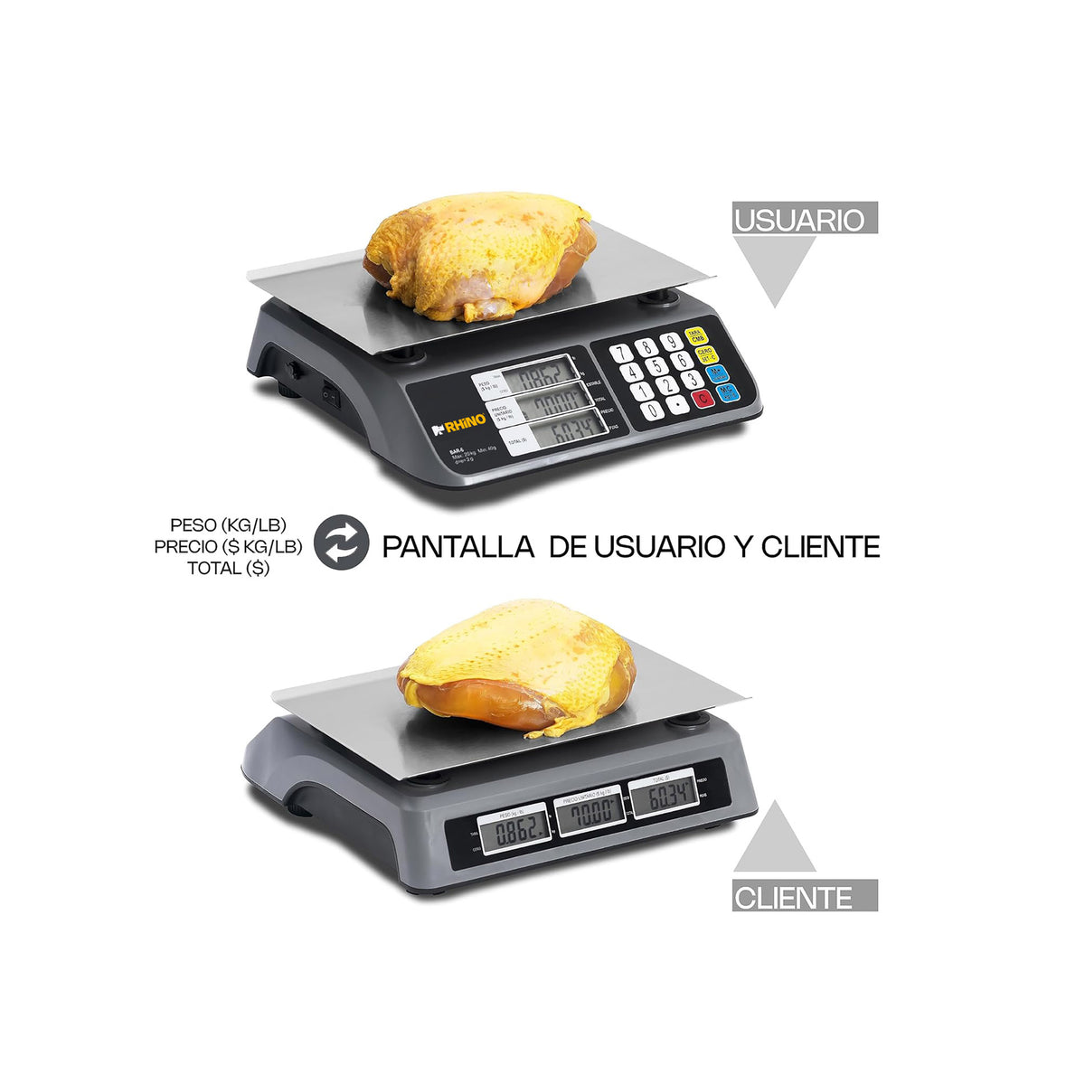 Báscula Peso-Precio | Plato De Acero Inoxidable | Plato Rectangular | 20 Kg / División 2 G | Uso Comercial | BAR-6 | RHINO