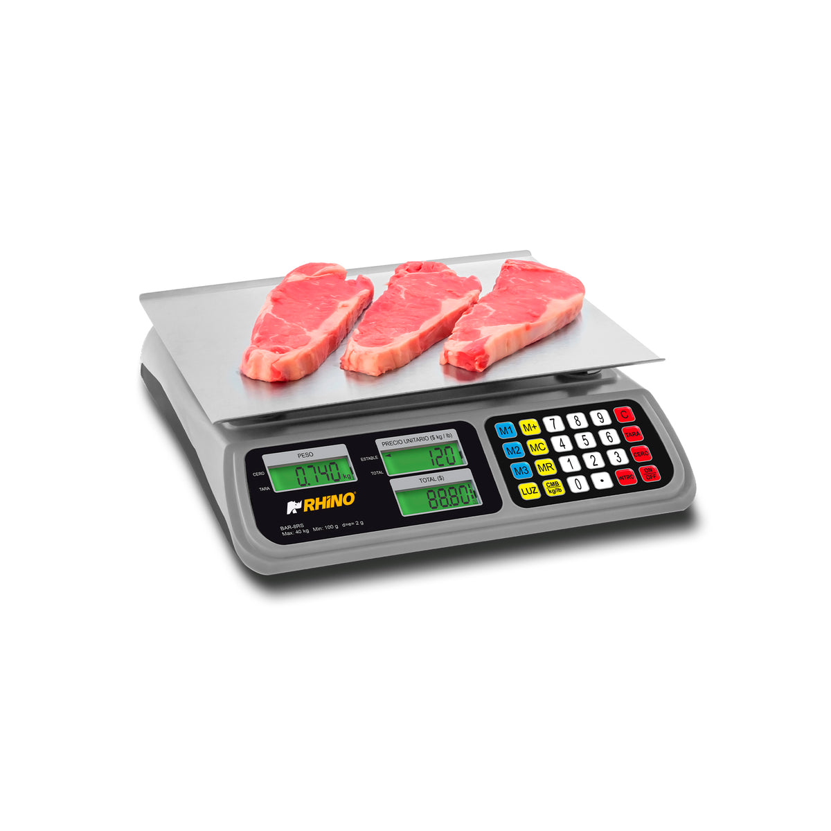 Báscula Electrónica Peso-Precio Con Usb | Plato De Acero Inoxidable | Plato 33 X 25 Cm | 40 Kg / División 2 G | Uso Comercial | BAR-8RS | RHINO