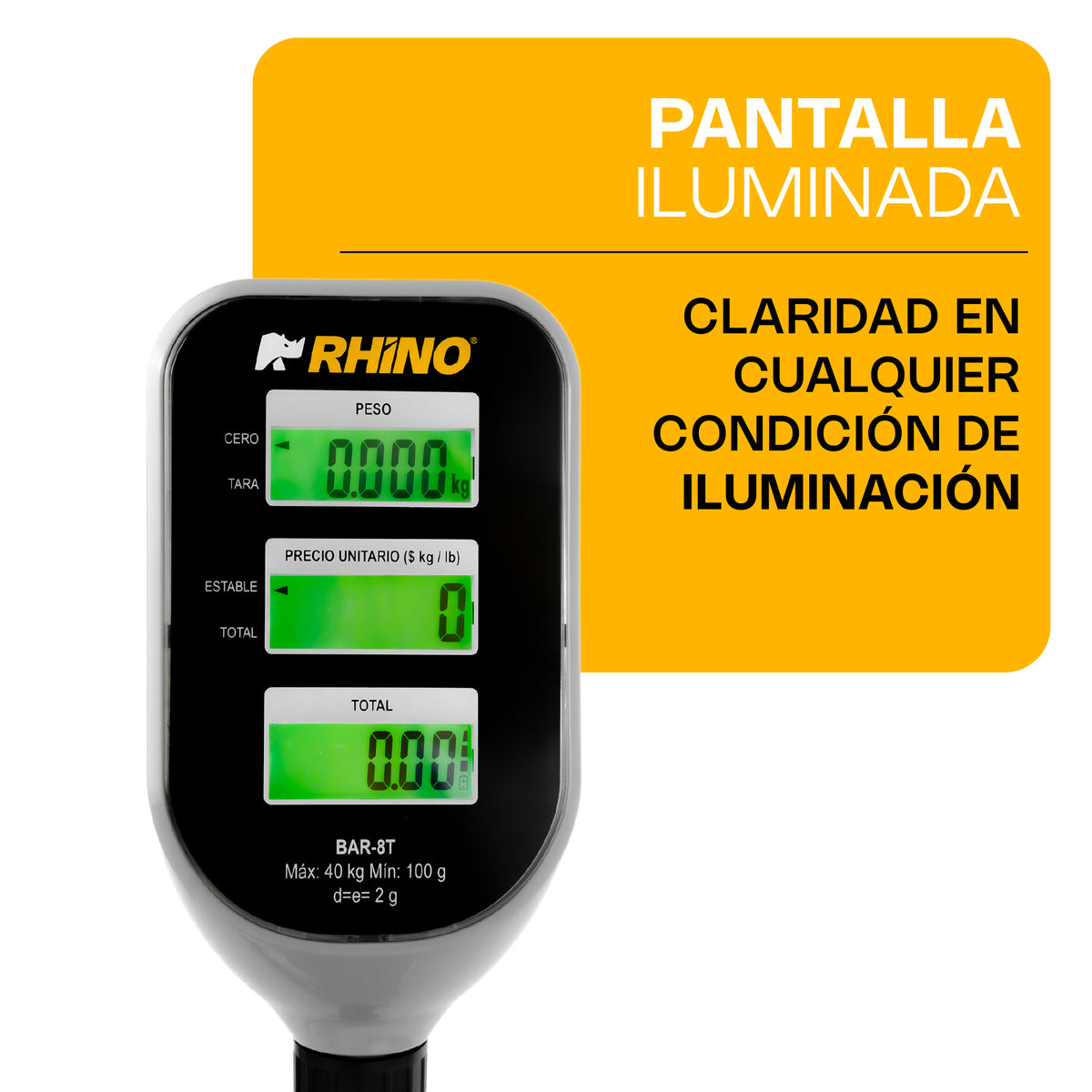Báscula Peso-Precio | Plato De Acero Inoxidable / Torreta | Plato 33 X 25 Cm | 40 Kg / División 2 G | Uso Comercial | BAR-8T | RHINO
