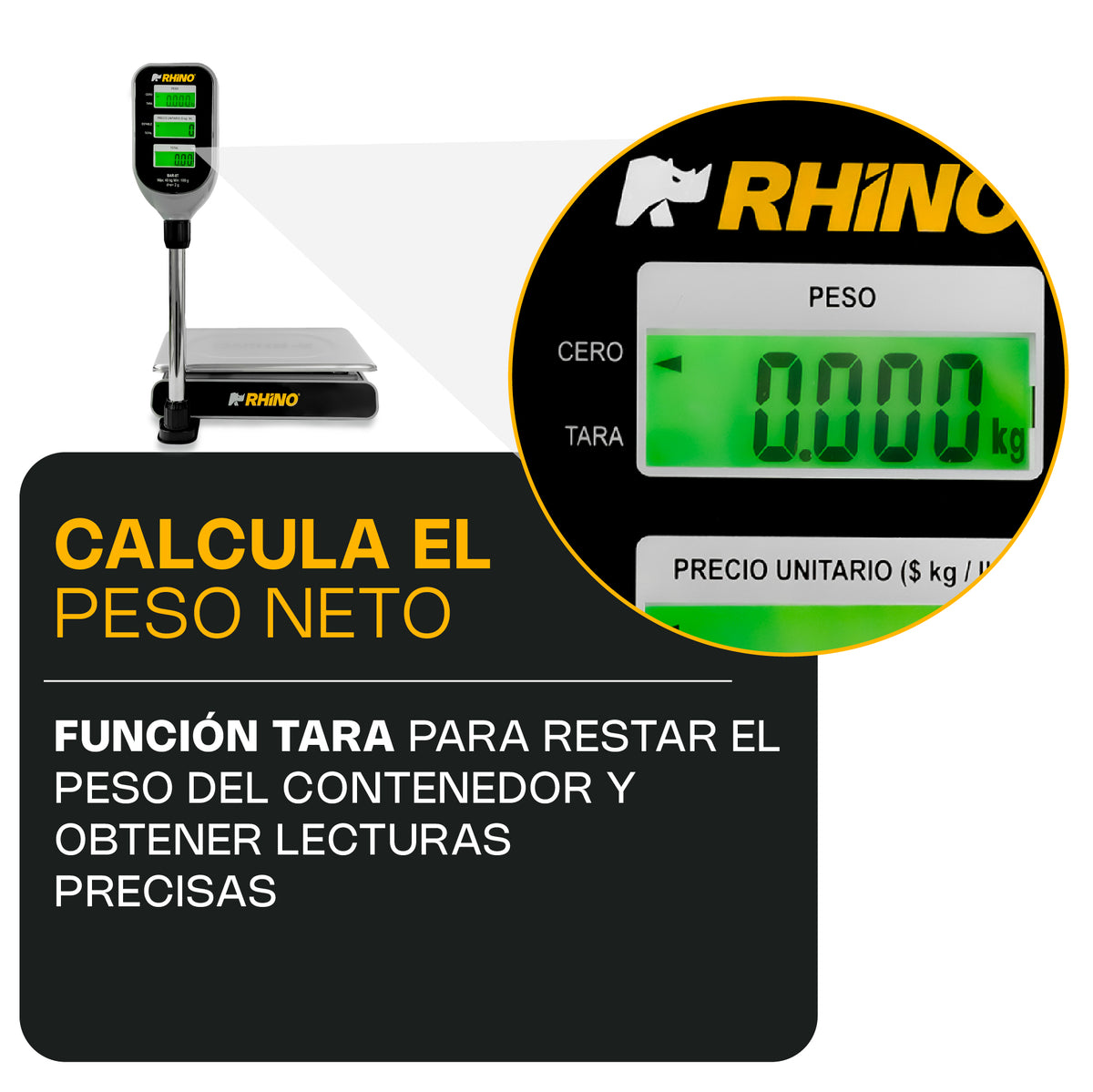 Báscula Peso-Precio | Plato De Acero Inoxidable / Torreta | Plato 33 X 25 Cm | 40 Kg / División 2 G | Uso Comercial | BAR-8T | RHINO
