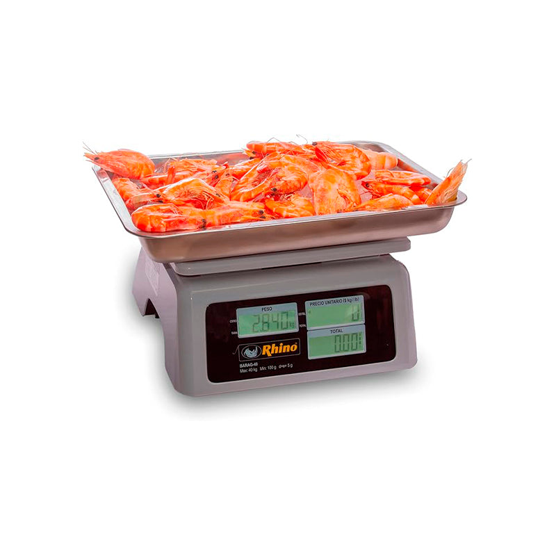 Báscula Peso-Precio A Prueba De Agua | Plato De Acero Inoxidable | Plato 28 X 22 Cm | 40 Kg / División 5 G | Uso Comercial | BARAG-40 | RHINO