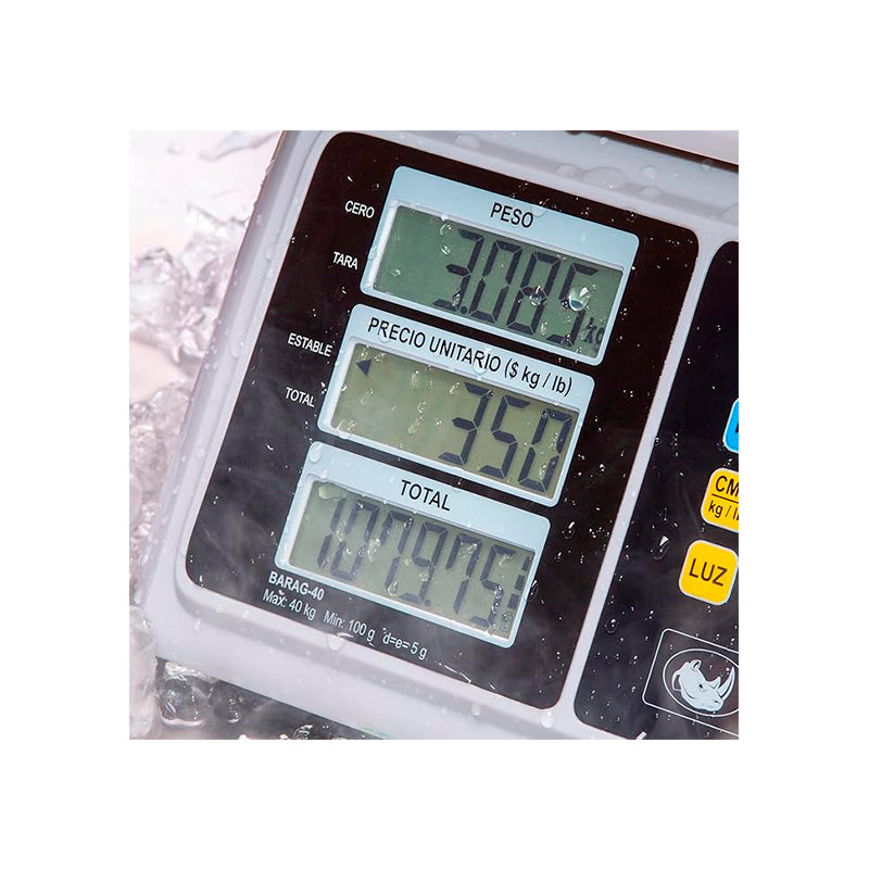 Báscula Peso-Precio A Prueba De Agua | Plato De Acero Inoxidable | Plato 28 X 22 Cm | 40 Kg / División 5 G | Uso Comercial | BARAG-40 | RHINO