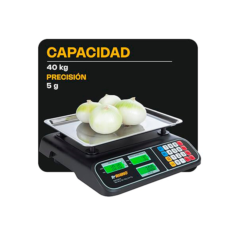 Báscula Peso-Precio | Plato De Acero Inoxidable | Plato Rectangular | 40 Kg / División 5 G | Uso Comercial | BARCOM-40 | RHINO