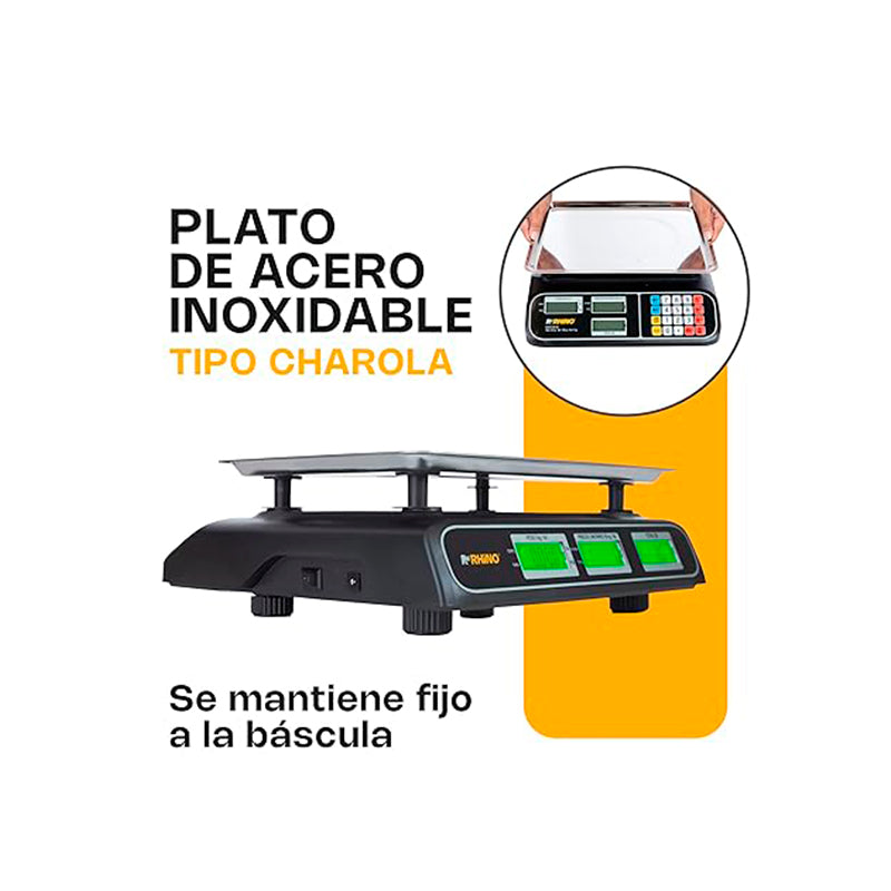 Báscula Peso-Precio | Plato De Acero Inoxidable | Plato Rectangular | 40 Kg / División 5 G | Uso Comercial | BARCOM-40 | RHINO