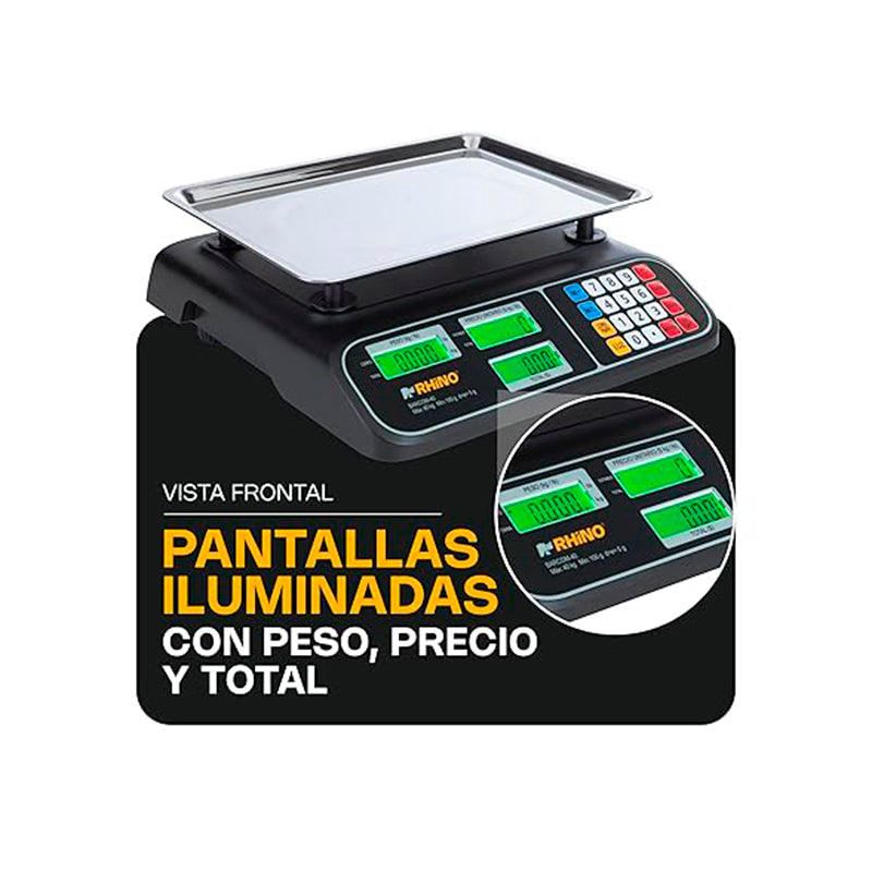 Báscula Peso-Precio | Plato De Acero Inoxidable | Plato Rectangular | 40 Kg / División 5 G | Uso Comercial | BARCOM-40 | RHINO