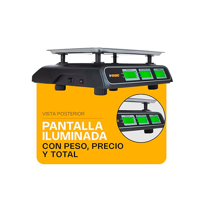 Báscula Peso-Precio | Plato De Acero Inoxidable | Plato Rectangular | 40 Kg / División 5 G | Uso Comercial | BARCOM-40 | RHINO