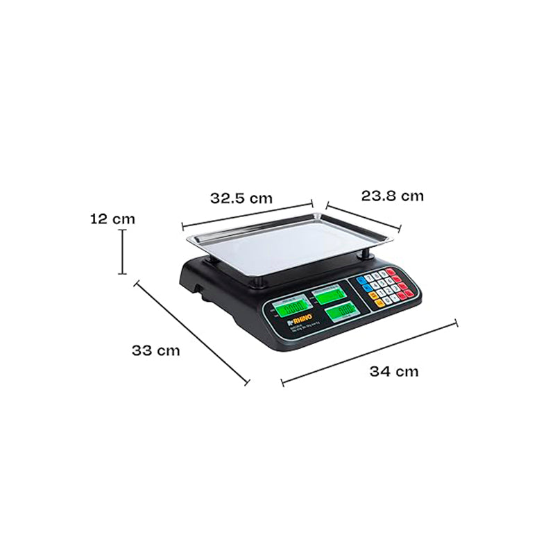 Báscula Peso-Precio | Plato De Acero Inoxidable | Plato Rectangular | 40 Kg / División 5 G | Uso Comercial | BARCOM-40 | RHINO