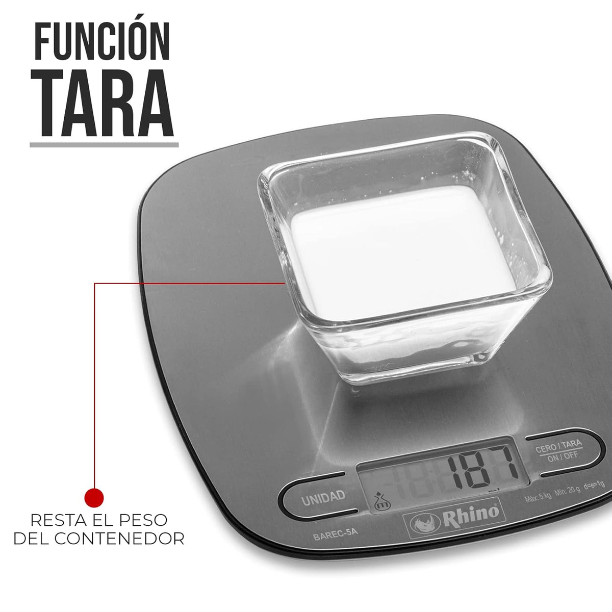Báscula | Plato De Acero Inoxidable / Carcasa Plástica | Plato Rectangular | 5 Kg / División 1 G | Uso Comercial | BAREC-5A  | RHINO