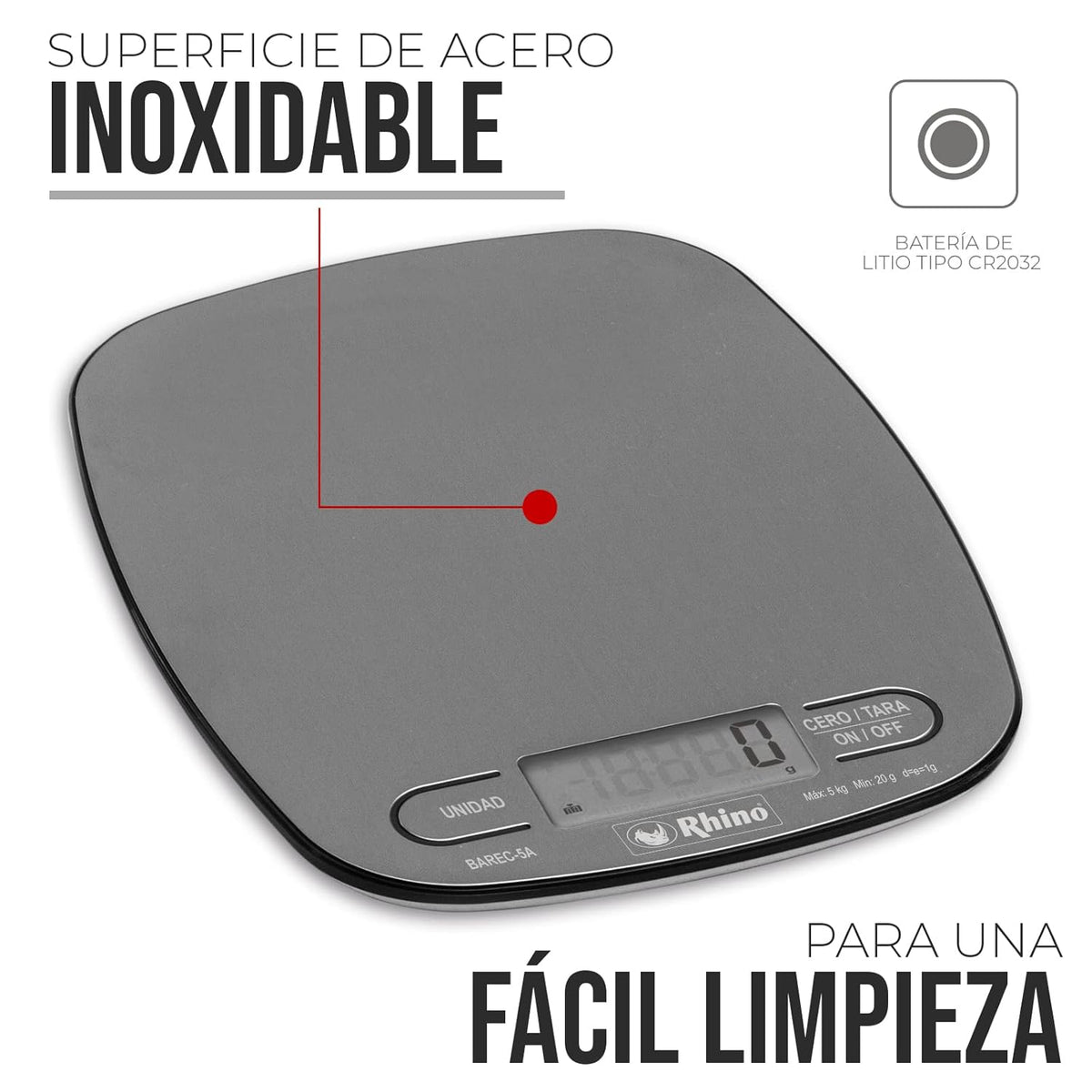Báscula | Plato De Acero Inoxidable / Carcasa Plástica | Plato Rectangular | 5 Kg / División 1 G | Uso Comercial | BAREC-5A  | RHINO