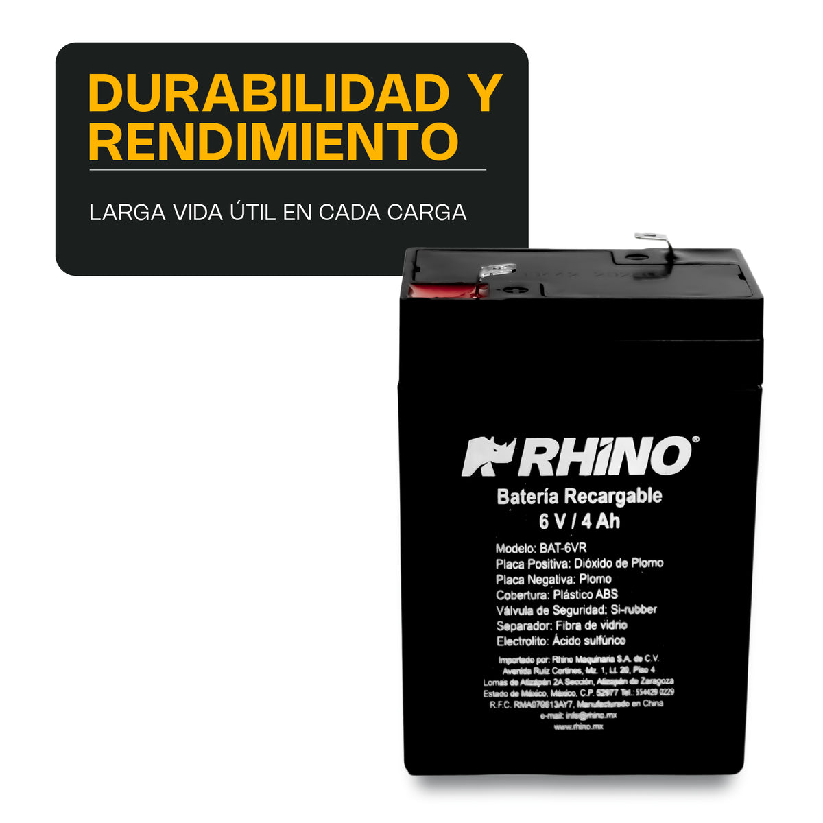 Batería recargable de plomo ácido, 6 v / 4 ah | Rhino | Bat-6vr