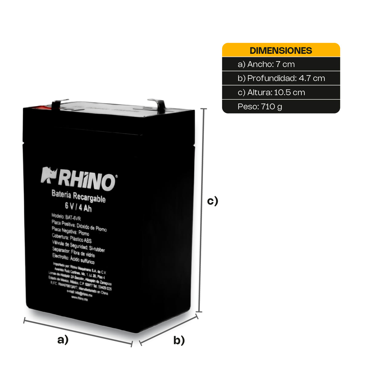 Batería recargable de plomo ácido, 6 v / 4 ah | Rhino | Bat-6vr