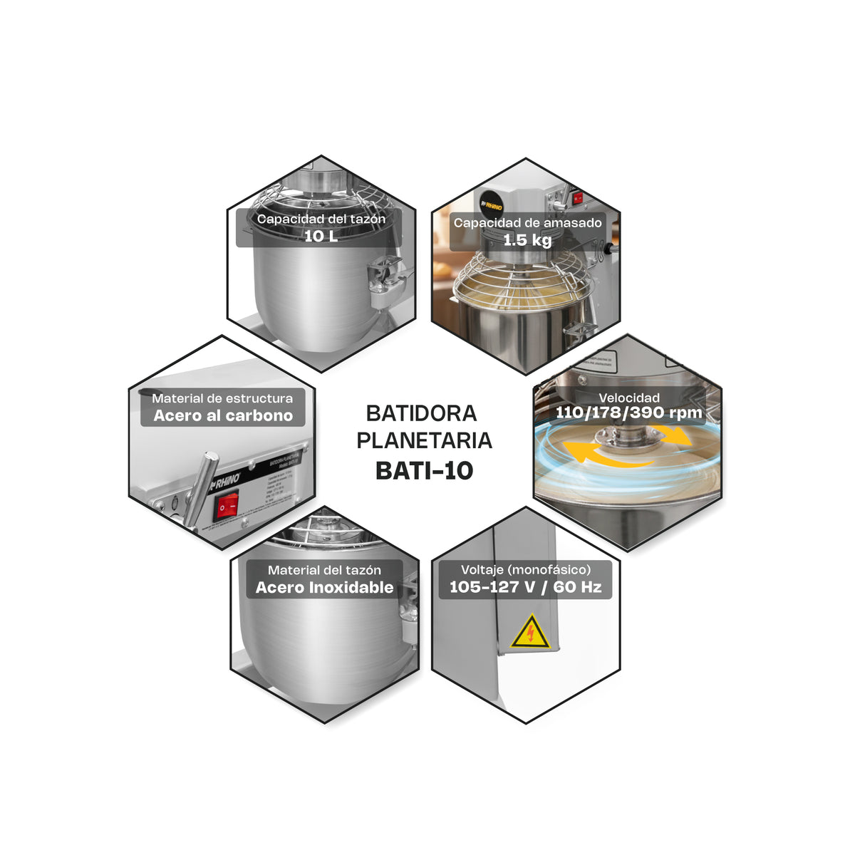 Batidora Planetaria | Tazón De Acero Inoxidable / Cuerpo Metálico | Formato Planetario De Mesa | 10 L | Uso Comercial | BATI-10  | RHINO