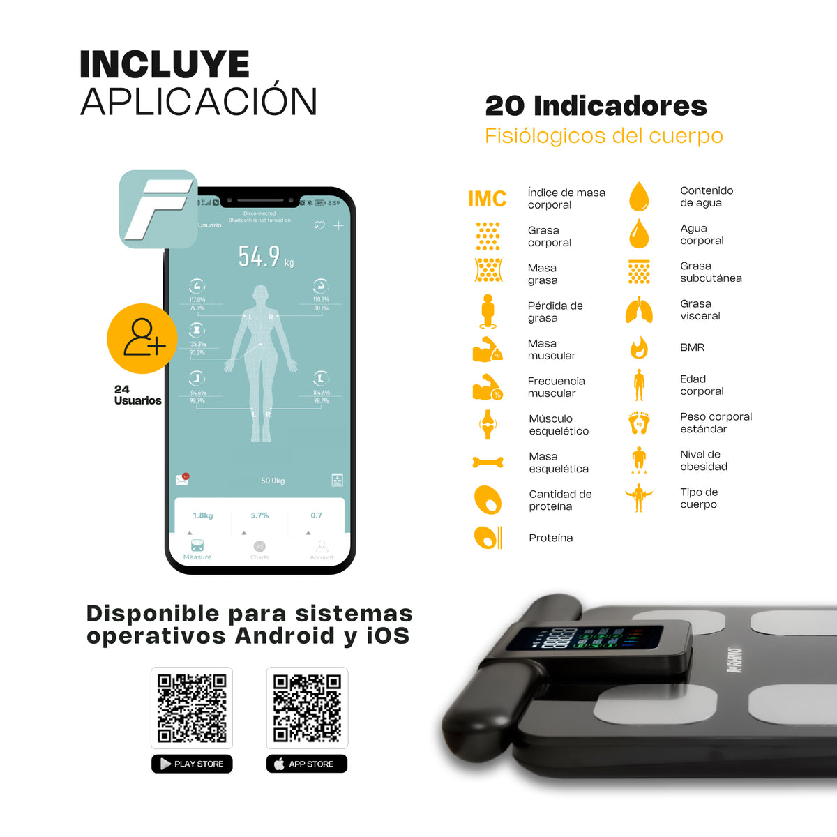 Báscula corporal 180 kg / 100 g, app incluida | Rhino | Bioma-180