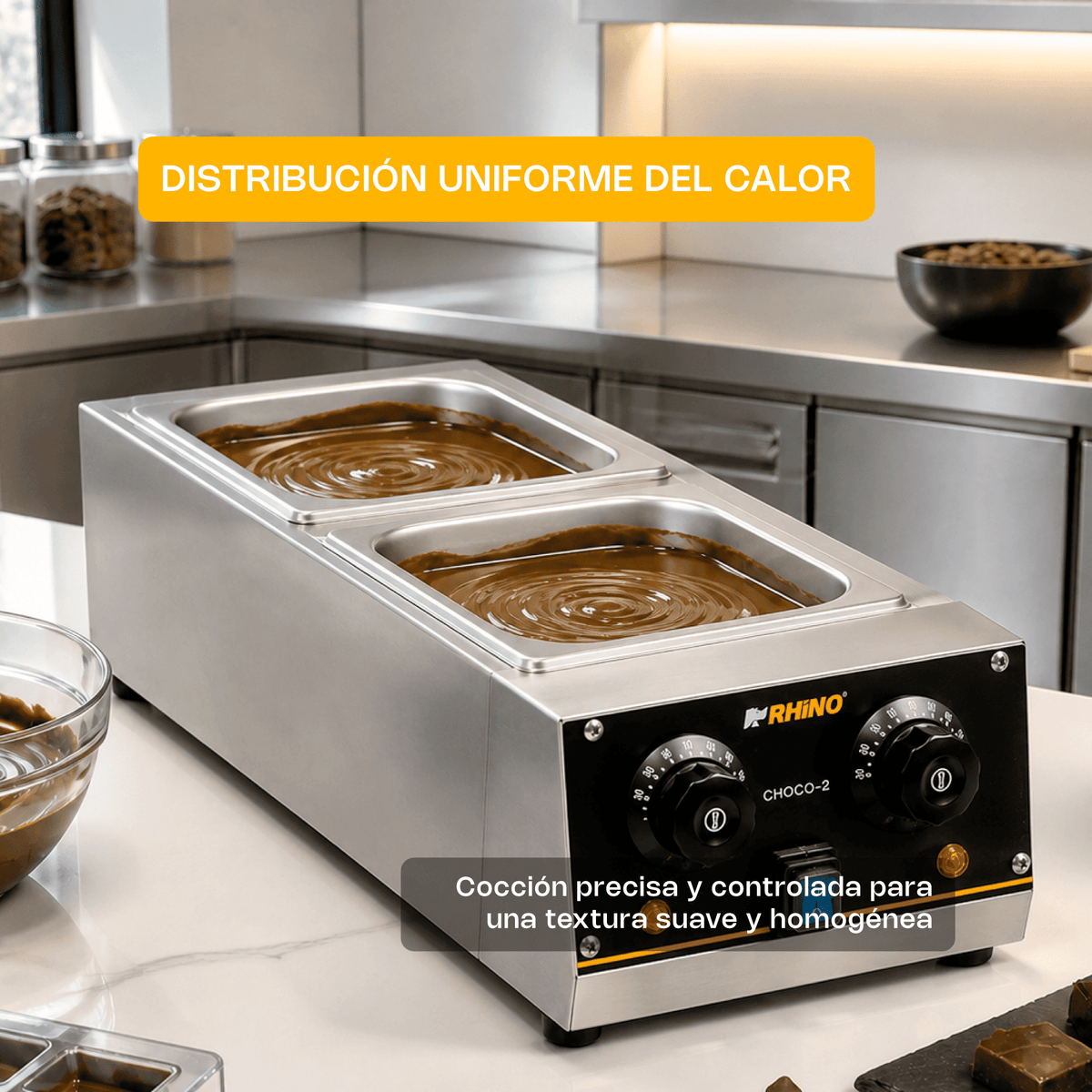 Templador De Chocolate | Acero Inoxidable | Formato De Mesa | 2 Depósitos | Uso Comercial | CHOCO-2 | RHINO