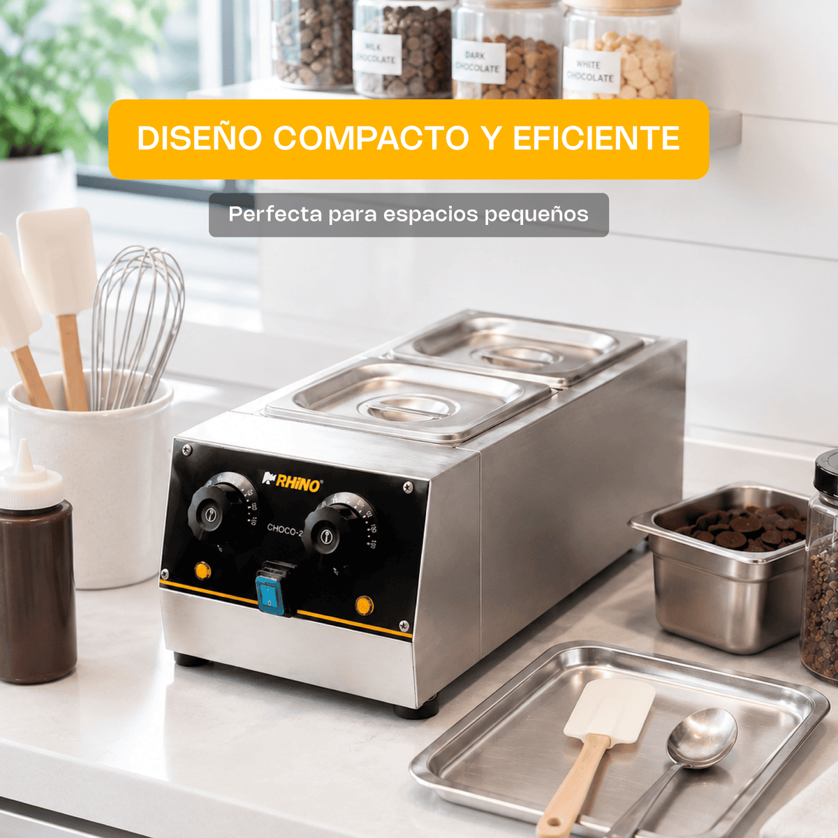 Templador De Chocolate | Acero Inoxidable | Formato De Mesa | 2 Depósitos | Uso Comercial | CHOCO-2 | RHINO