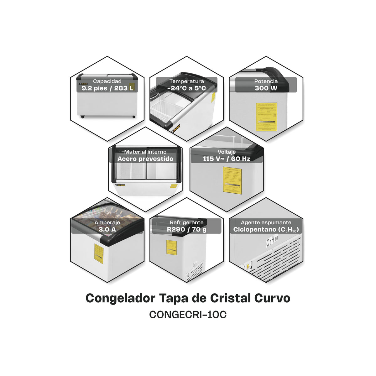 Congelador horizontal tapa de cristal curvo | Rhino | Congecri-10c
