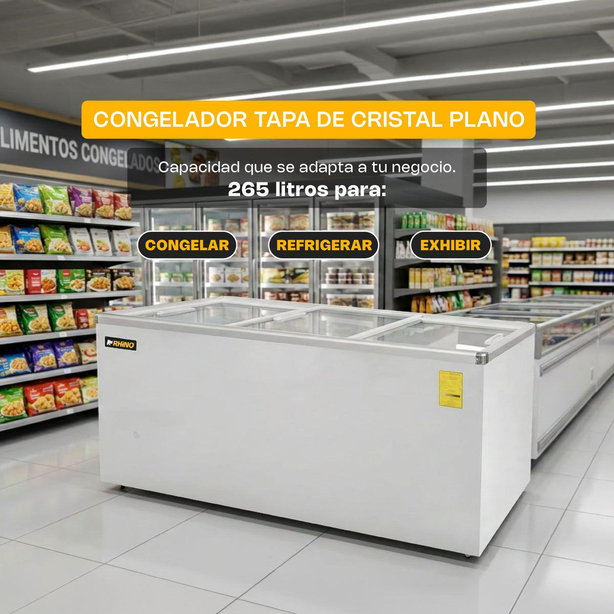 Congelador tapa de cristal plano 12 ft³ | Rhino | Congecri-12p
