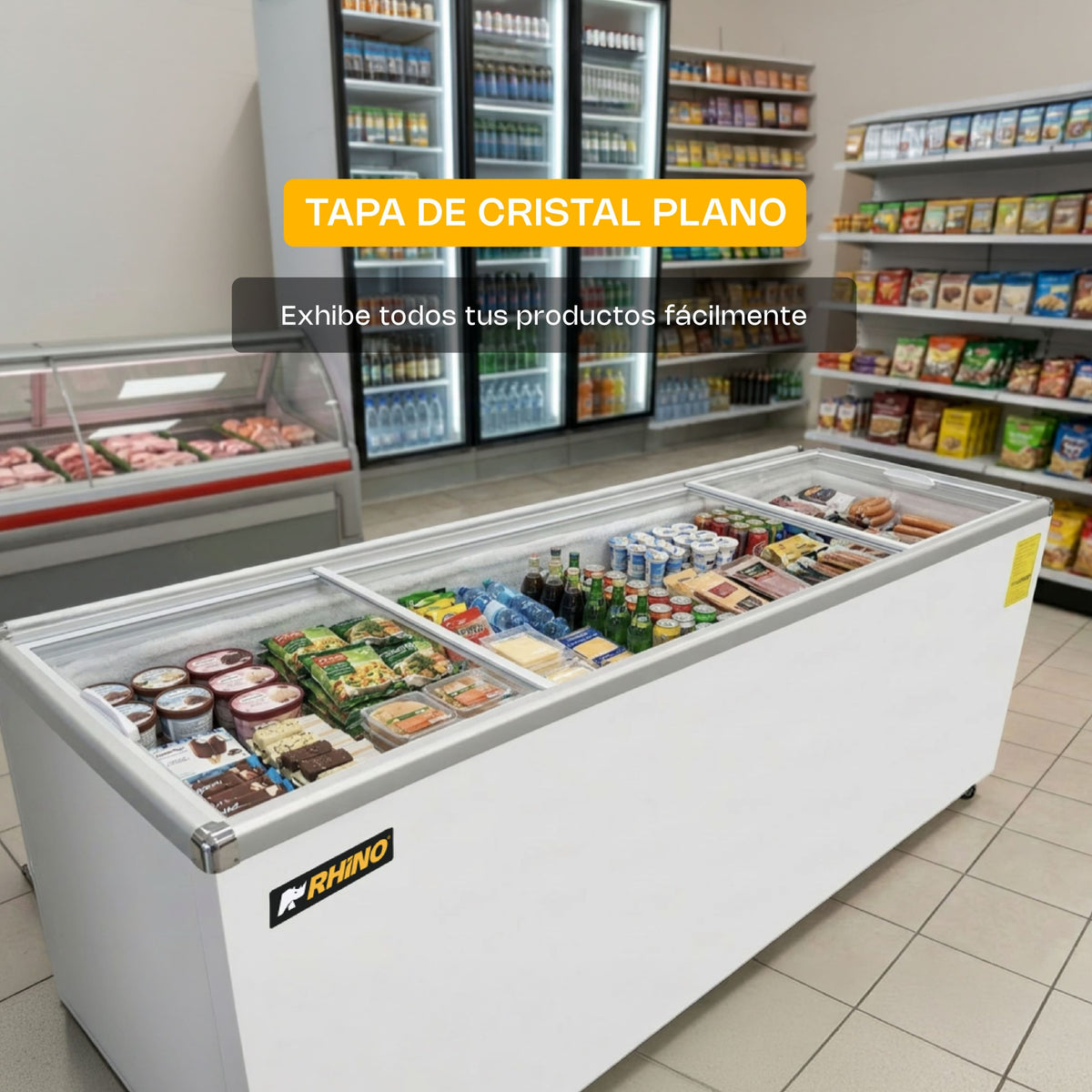 Congelador tapa de cristal plano 12 ft³ | Rhino | Congecri-12p