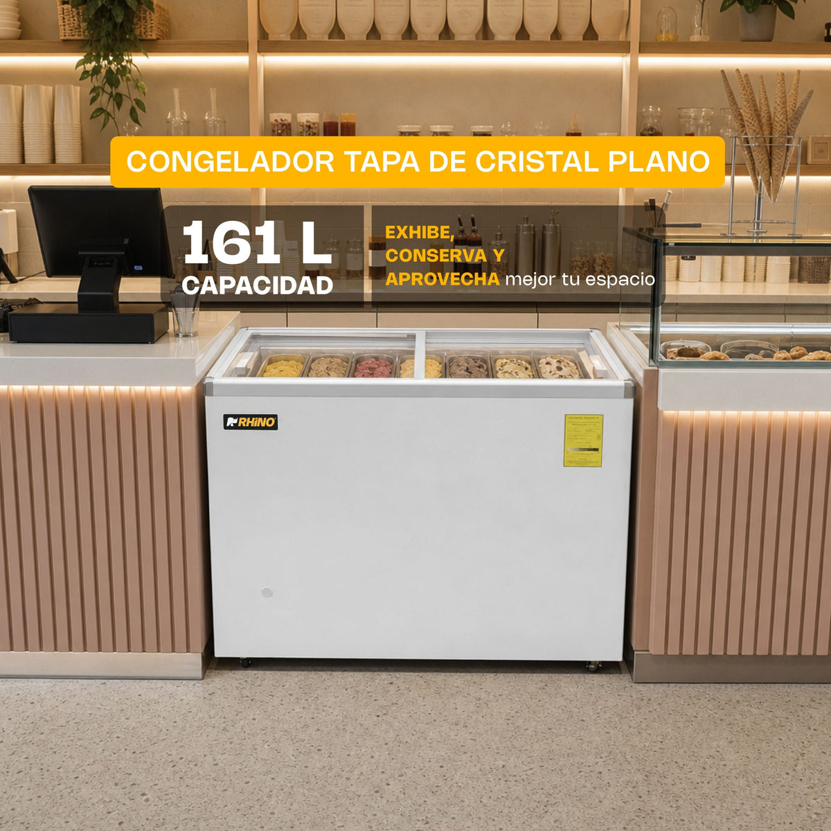 Congelador horizontal tapa de cristal plano | Rhino | Congecri-7p