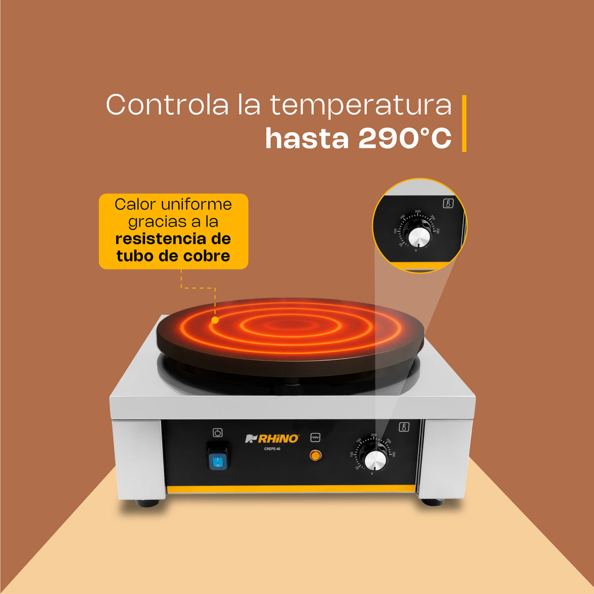 Crepera Eléctrica | Plato De Hierro Fundido Con Teflón | 40 Cm | Plato 40 Cm | Uso Comercial | CREPE-40 | RHINO