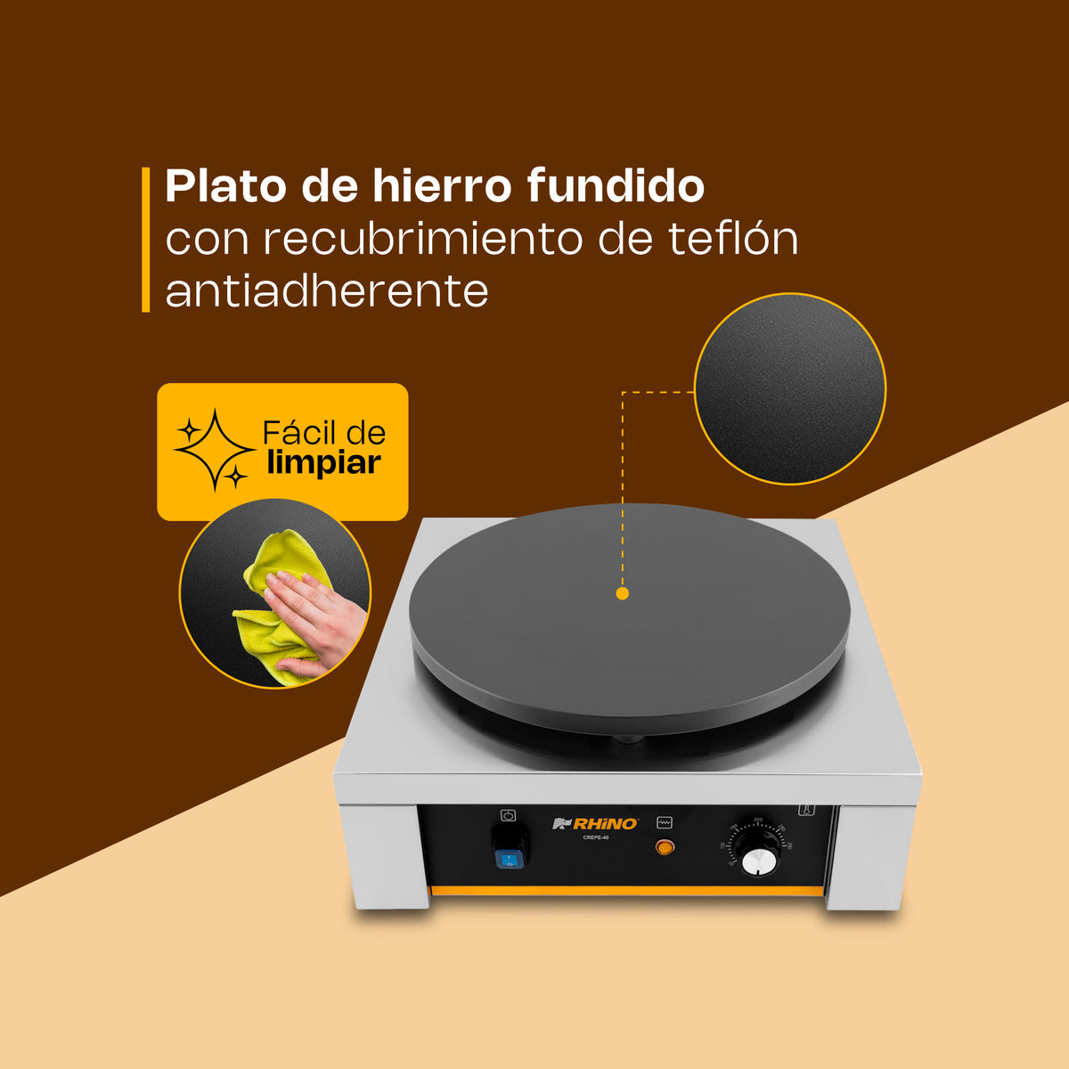 Crepera Eléctrica | Plato De Hierro Fundido Con Teflón | 40 Cm | Plato 40 Cm | Uso Comercial | CREPE-40 | RHINO