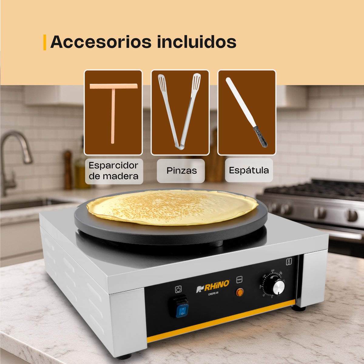 Crepera Eléctrica | Plato De Hierro Fundido Con Teflón | 40 Cm | Plato 40 Cm | Uso Comercial | CREPE-40 | RHINO