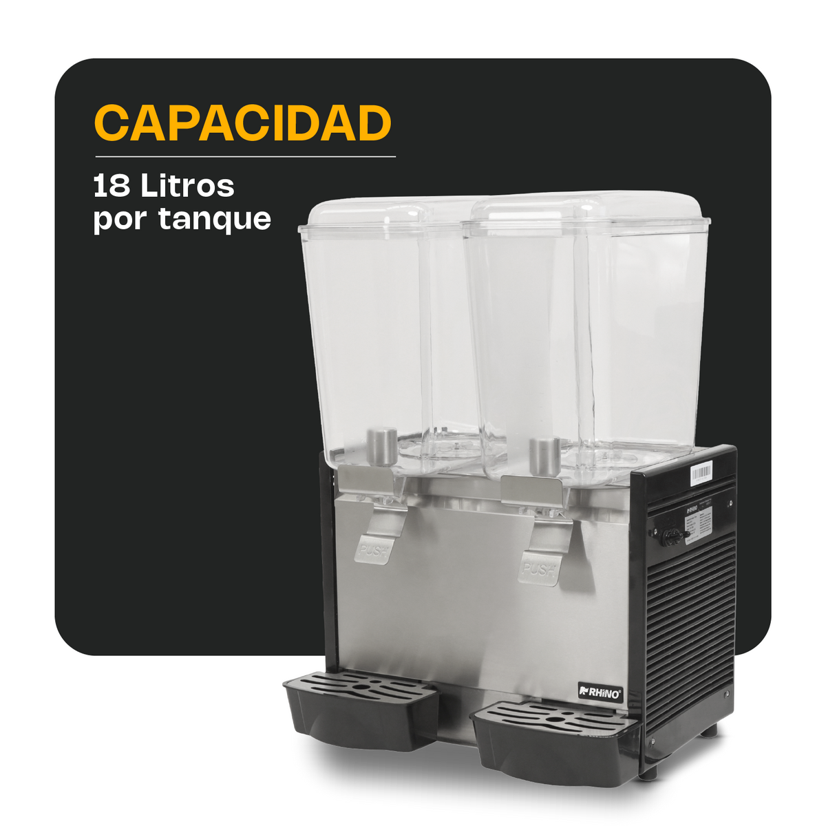 Dispensador De Bebidas Frías | Tanques De Policarbonato / Estructura Metálica | 2 Tanques | 2 Tanques De 18 L C/U | Uso Comercial | DISBEF-2T | RHINO