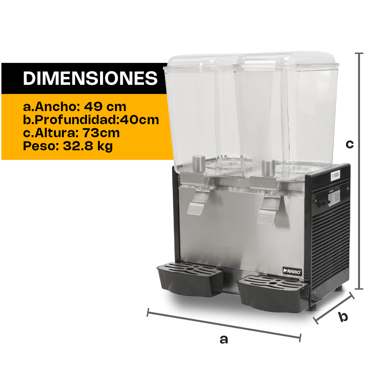 Dispensador De Bebidas Frías | Tanques De Policarbonato / Estructura Metálica | 2 Tanques | 2 Tanques De 18 L C/U | Uso Comercial | DISBEF-2T | RHINO