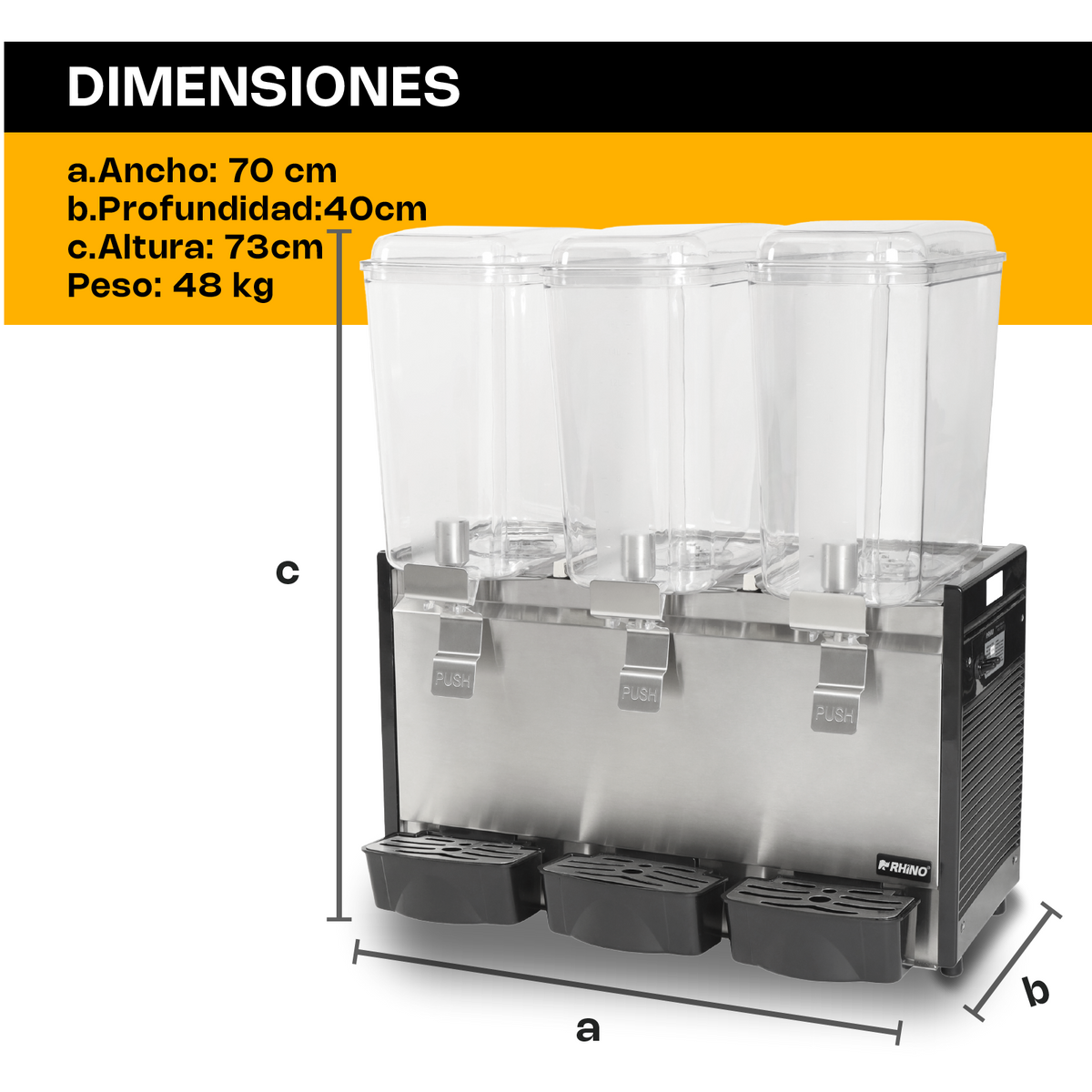 Dispensador De Bebidas Frías | Tanques De Policarbonato / Estructura Metálica | 3 Tanques | 3 Tanques De 18 L C/U | Uso Comercial | DISBEF | RHINO